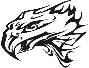 Bald eagle head symbol in tribal style. Emblem of eagle head on white background for tattoo, embroidery, engraving, textiles, prints on t-shirts, etc.