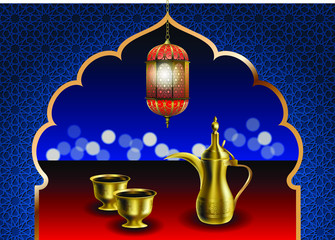 Ramadan iftar party food vector illustration. Traditional eastern dallah coffee pot with two cups of bitter coffee Khaleeji and arabic lantern. Oriental arch and ornament.
