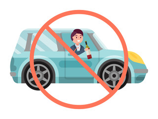No drink sign alcohol driving car, male character hold bottle alcohol wine in vehicle isolated on white, flat vector illustration. Boozy person cheerful mood control auto, criminal intent.