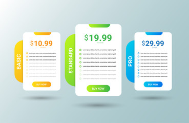 Modern pricing table, plan template . Price list collection for applications or websites. vector illustration.