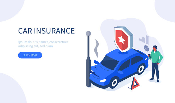 Man Character Standing near Damaged Auto and Calling to Car Insurance Service. Car Accident on the Road. Auto Collision Scene. Broken Vehicle Flat Isometric Vector Illustration.