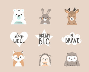 
Nursery Cute Forest Animals Collection in Scandinavian Style. Baby Fox, Deer, Bear, and other Woodland Animals. Simple Childish Design and Lettering Elements. Flat Cartoon Vector Illustration.
