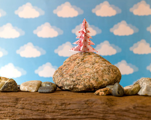 Christmas arrangements, handmade pine trees made of colored paper with origami technique