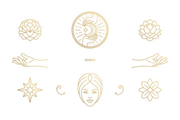 Vector line feminine decoration design elements set - female face and gesture hands illustrations minimal linear style
