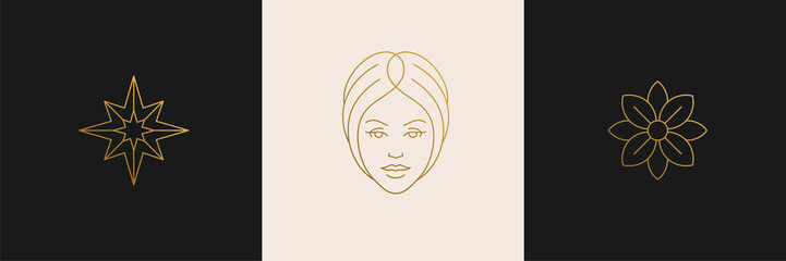 Vector line feminine decoration design elements set - flower and female gesture hands illustrations minimal linear style
