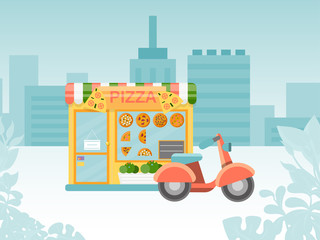 Italian pizzeria urban street kiosk, shop place quick delivery by motorbike flat vector illustration. Fast food service company street meal selling, city landscape web business banner.