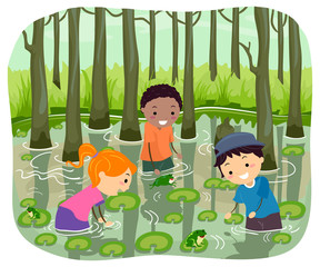 Stickman Kids Swamp Water Search Frog Illustration