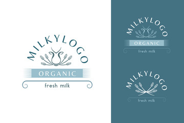 Premade butter logotype for butter, milk, yogurt or milkshake. Light striped blu label ready for use with cow logotype.