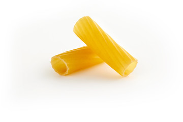 Italian raw dry pasta rigatoni isolated on white background