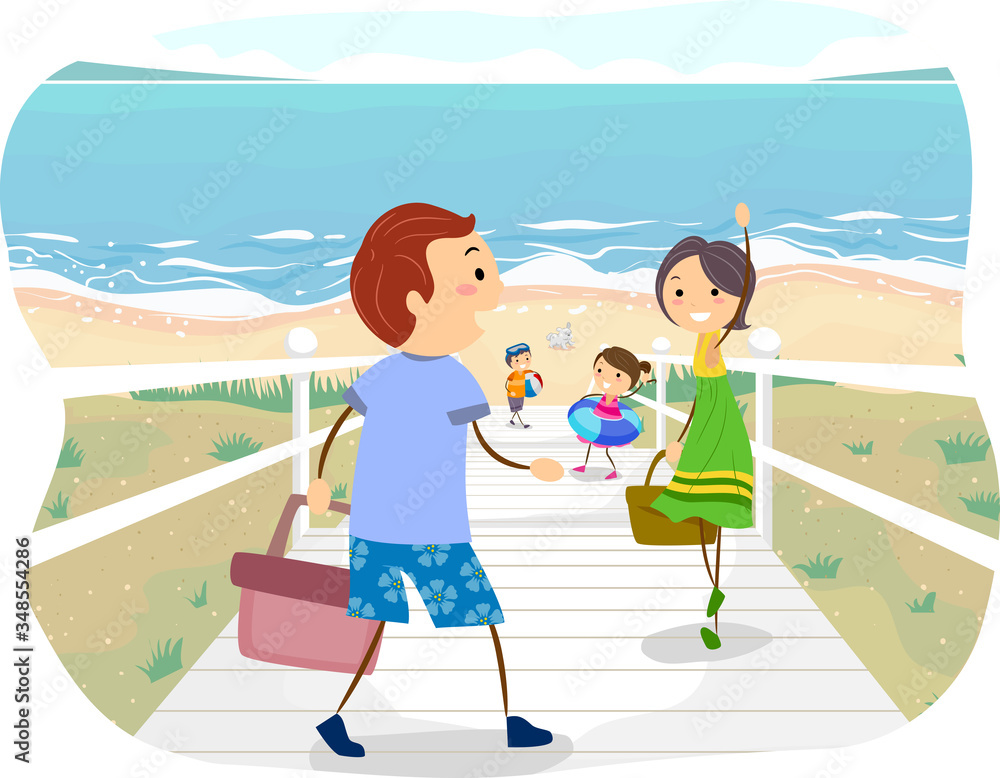 Sticker stickman family near beach scene illustration