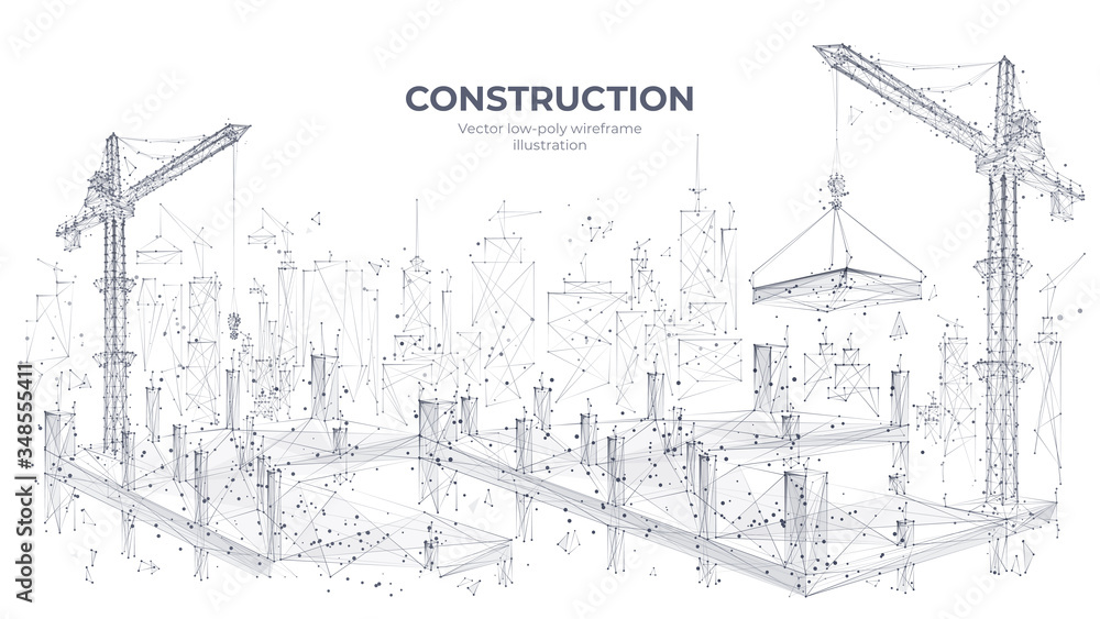 Poster construction site with building equipment isolated in white background. 3d working tower cranes in t