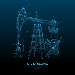 Obraz na płótnie Canvas Oil pump jack in dark blue background. Finance, economy, business or petroleum fuel industry concept. Abstract polygonal wireframe with lines and dots. Oil industry equipment