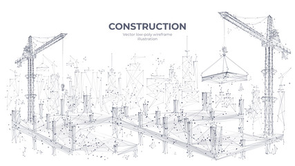 Construction site with building equipment isolated in white background. 3d working tower cranes in the city. Abstract polygonal concept of construction. Vector sketch illustration. 