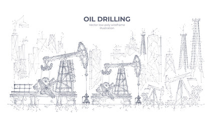 Natural resources mining equipment isolated in white background. Abstract polygonal panorama. 3d oil drilling rigs and pumpjacks. Vector sketch drawing. Oil industry concept