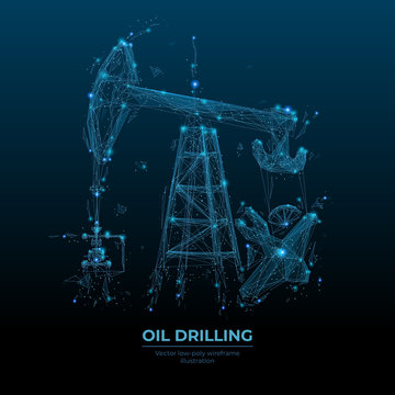 Oil pump jack in dark blue background. Finance, economy, business or petroleum fuel industry concept. Abstract polygonal wireframe with lines and dots. Oil industry equipment