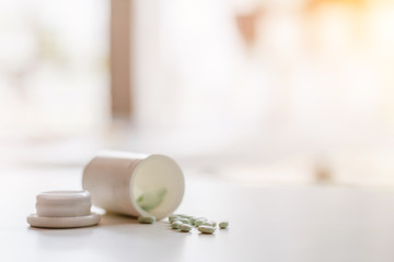 Heart medication that was prepared on the table in the room in the morning The concept of health care and treatment of heart disease with medication as recommended by doctors.