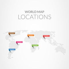 Perspective dot World map illustration with location pointers