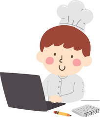 Kid Boy Chef Laptop Notes Pencil Illustration
