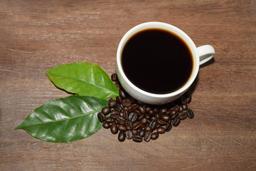 Roasted coffee beans with a white coffee mug