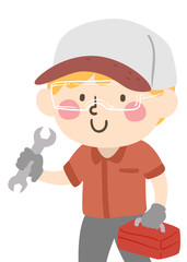 Kid Boy Mechanic Wrench Toolbox Play Illustration