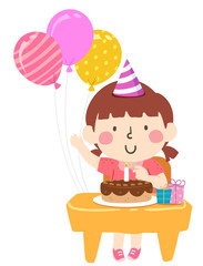 Kid Girl Class Desk Birthday Balloons Illustration