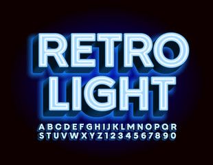 Vector Retro style Light Font. Blue Glowing Font. Electric Uppercase Letters and Numbers