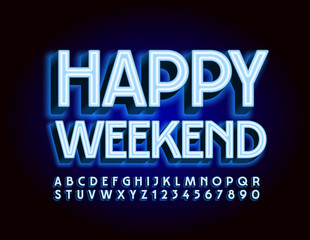 Vector blue neon banner Happy Weekend with glowing Font. Electric Alphabet Letters and Numbers