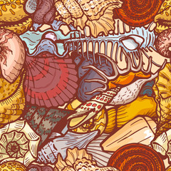 Seashell seamless pattern concept banner, cartoon vector illustration. Vacation trip ocean wildlife flora and fauna. Wrapping gift paper, celebrate design packaging for travel item, stuff.