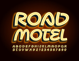 Vector electric logo Road Motel. Yellow Neon Font. Glow Alphabet Letters and Numbers