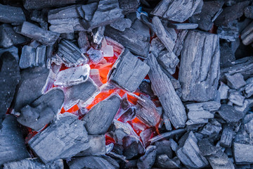 smoldering red coals in a fire