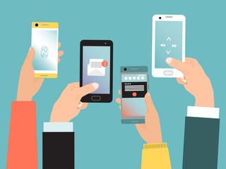 Concept hand hold mobile phone, modern communication life with smartphone isolated on blue, flat vector illustration. Online virtual technology phone call data exchange receiving message.