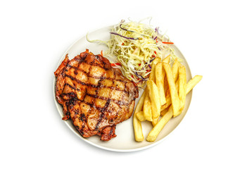 Grilled chicken, Chicken Steak with french fries and Vegetable salad of Asia on white background