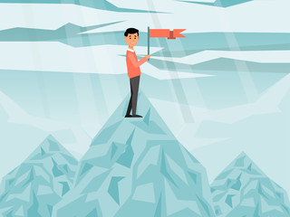 Success business work, character male hold red flag ascent mountain, flat vector illustration. Get promotion work, effective employee achieved grin. Commercial industry achievement company.