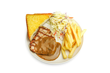 Grill pork steak with creamy pepper sauce, served with Vegetable salads and French fries on white background