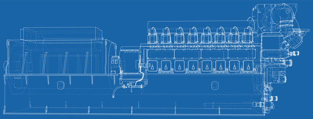 Diesel generator. The layers of visible and invisible lines are separated. EPS10 format. Wire-frame.