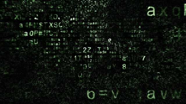Chaotic source code and virtual reality backplate. Concept background with abstract grunge and glowing green hexadecimal code on black.