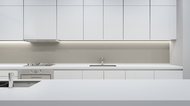 Cabinet Of Modern Kitchen In Luxury House. Home Interior 3d Rendering With Empty White Top Counter For Product Display.