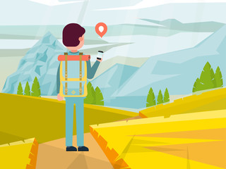 Male character backpacker travel around mountain place, man walking hike road flat vector illustration. People hand mobile phone and smartphone, use gps system online outdoor navigation.