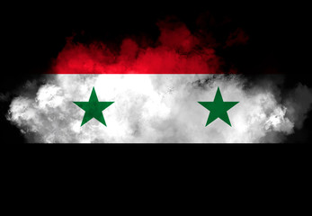 Syria flag performed from color smoke on the black background. Abstract symbol.