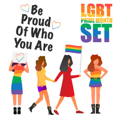 LGBT Set. Girls in LGBT colors. LGBT protest, same sex freedom. Vector illustration.