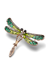 Subject shot of a brooch made as a golden dragonfly decorated with malachite jeweller's enamel and...