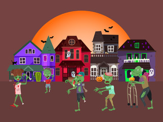 Concept zombie apocalypse house, living corpse walking urban city flat vector illustration. Halloween concept holiday, horror undead attack. Parade alive indulge, costume procession.