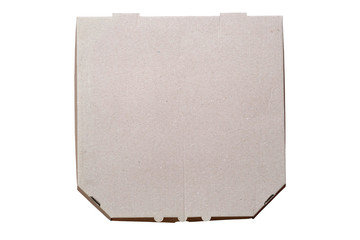 Cardboard box with under pizza top view isolate. Brown square flat pizza delivery box. Cardboard boxes recycling, environmental care.