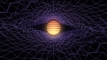 Retro music background. 3D Wireframe mountain terrain on black background. Low Poly Geometric Mountain Landscape. 3d Cyberspace Grid. 80-s style digital wireframe landscape.