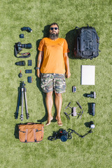 top view of a photographer and all his equipment