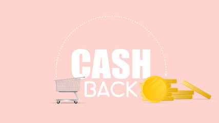 The concept of cashback and savings on purchases. The cart from the supermarket is filled with gold coins. Shopping trolley, gold coins, money. Vector.