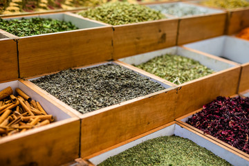 Spices, nuts and other food for sale at a market in the old city Jerusalem, Israel