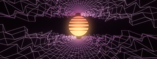 Retro music background. 3D Wireframe mountain terrain on black background. Low Poly Geometric Mountain Landscape. 3d Cyberspace Grid. 80-s style digital wireframe landscape.