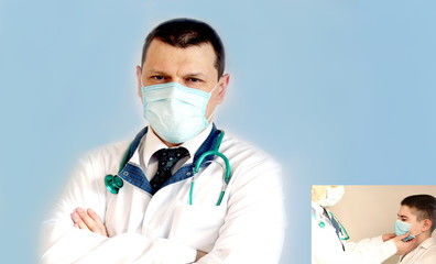 COVID-19 Coronavirus banner panoramic blue background. Young doctor wearing protective mask   examines the patient. Space for text. Healthcare concept. 