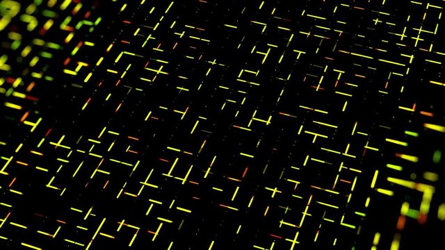 Geometric pattern with short dashes moving fast one by one perpendicular to each other. Animation. Narrow colorful lines crossing and flowing on black background, seamless loop.